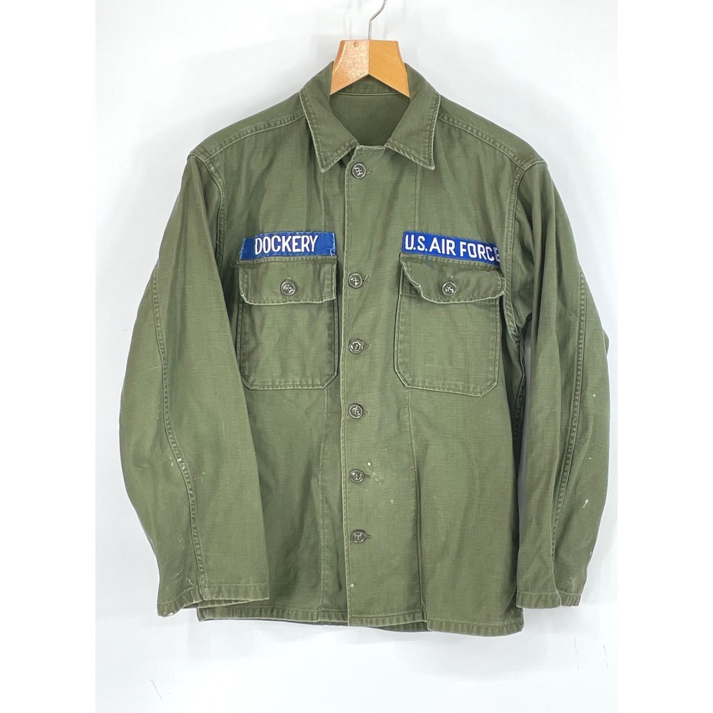 Vtg Military Mens Shirt M Fatigue Utility Olive U.S. Air Force Patched History
